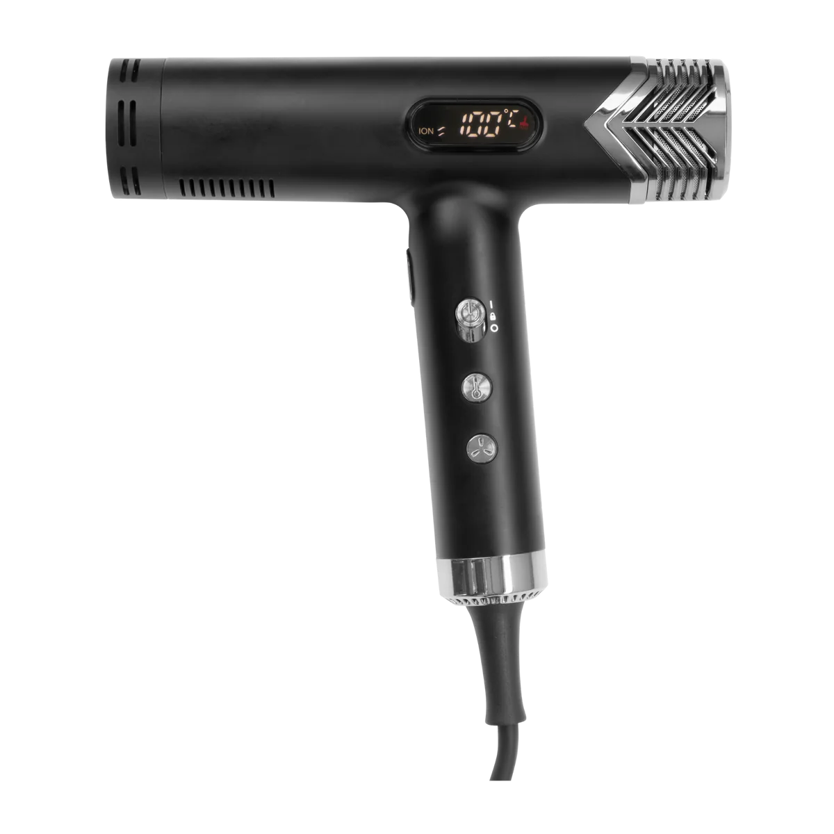 Black hair dryer with digital display and ion button on handle