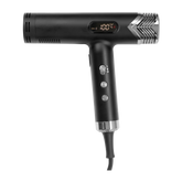 Black hair dryer with digital display and ion button on handle