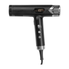Black hair dryer with digital display and ion button on handle