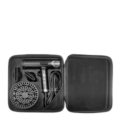 Hair dryer accessory kit in black hard travel case with compartments