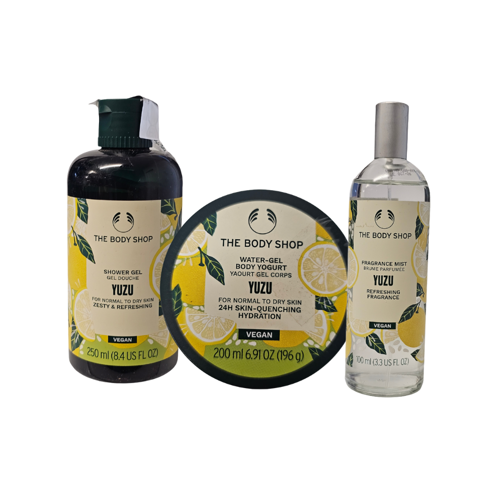 The Body Shop yuzu skincare gift set with shower gel, body butter, and fragrance mist