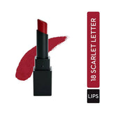 Longwear lipstick in red with black tube, with red swatch on white.