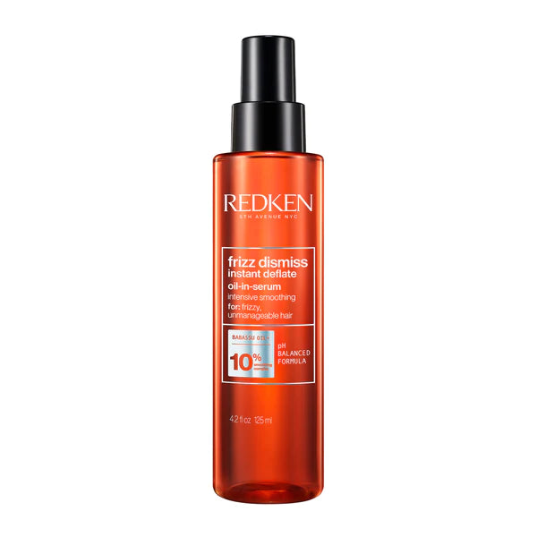Redken Frizz Dismiss oil-in-serum bottle, 125 ml, amber pump