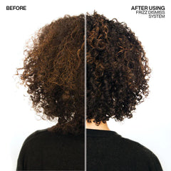 Curly hair before-and-after split view, defined tighter curls on the right