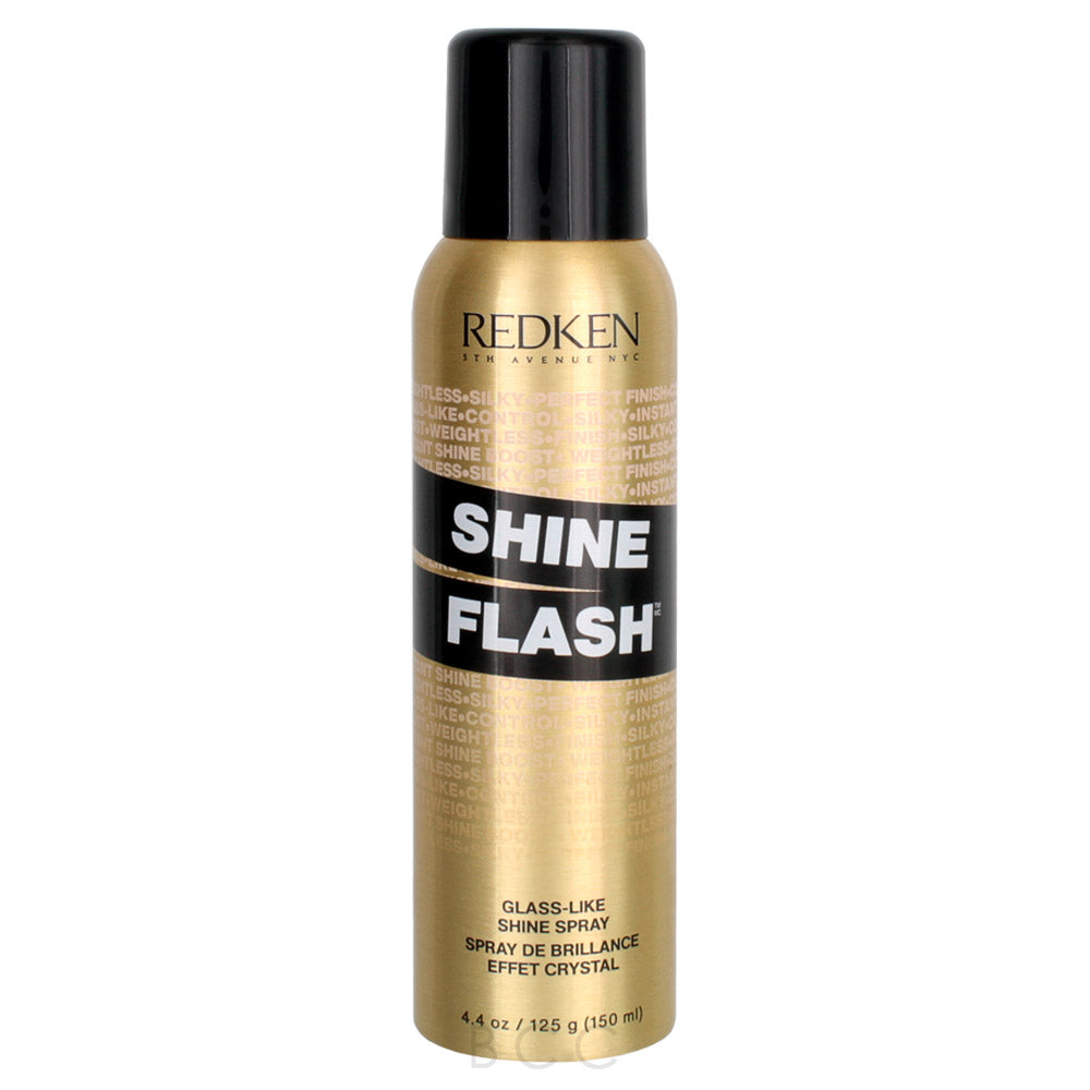 Redken Shine Flash hair spray, 150 ml bottle with gold label and black cap.