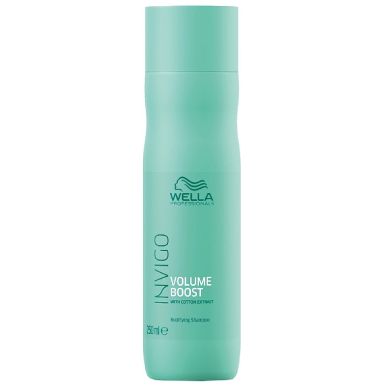 Mint-green shampoo bottle with Wella Professionals logo and Volume Boost label