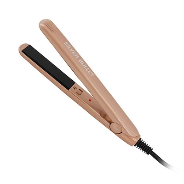 Mini hair straightener in gold with black plates, power button, and cord