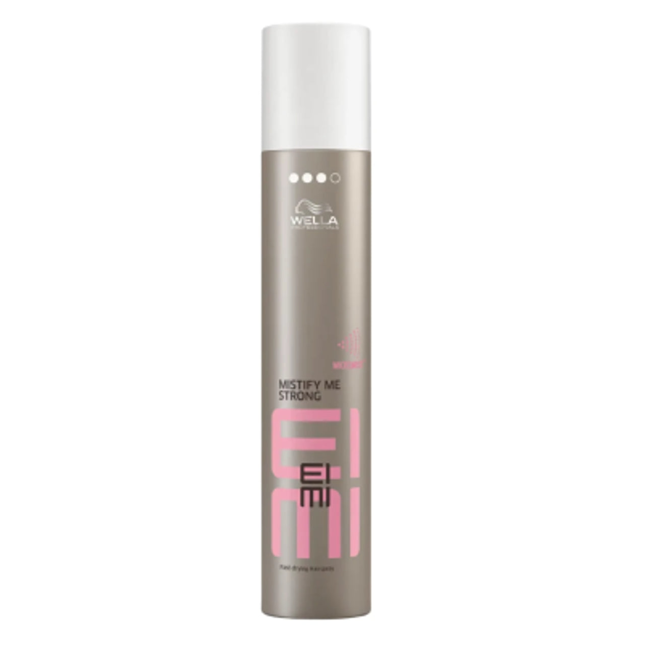 Wella EIMI Mistify Me Strong hair mist spray bottle, silver with pink lettering