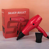 Red hair dryer with black attachments and branded box