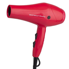 Red hair dryer with black power cord and side button