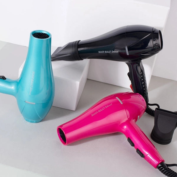 Hair dryer set, blue and pink dryers with two black nozzle attachments