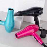 Hair dryer set, blue and pink dryers with two black nozzle attachments