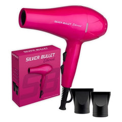 Pink Silver Bullet hair dryer with box and two black concentrator nozzles