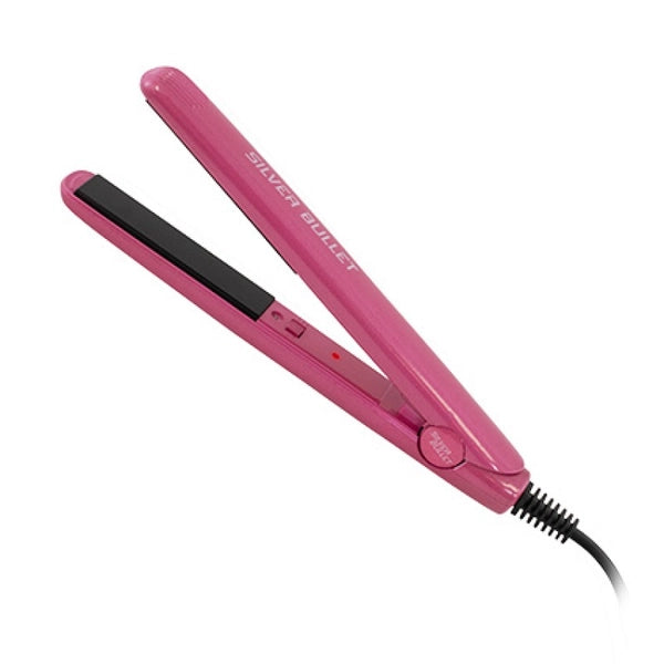 Pink mini hair straightener with black plates and power button