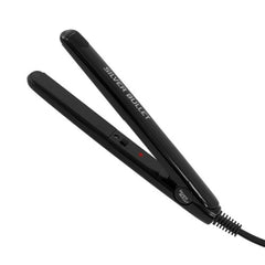 Black mini hair straightener with adjustable temperature buttons and cord, flat iron plates