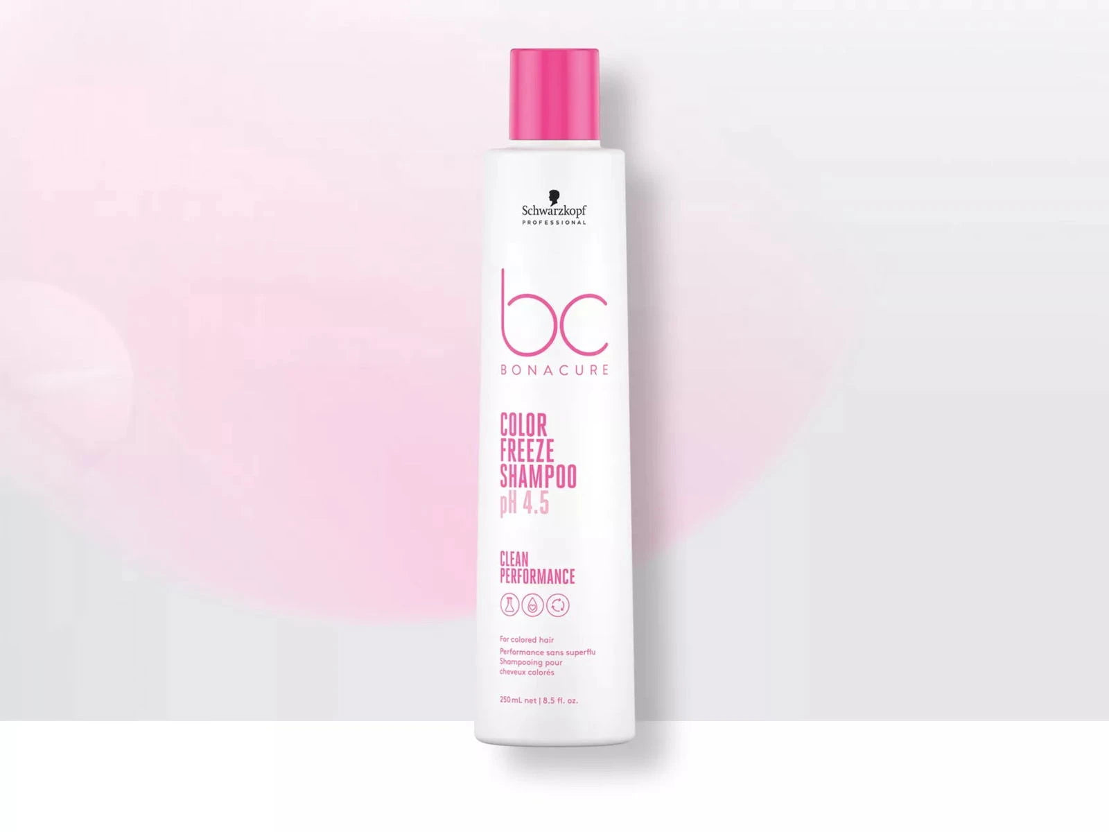 Schwarzkopf BC Bonacure shampoo bottle, pink cap, Color Freeze pH 4.5 label