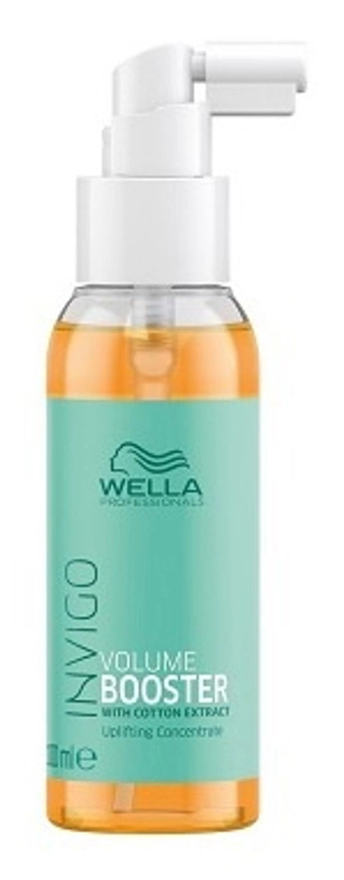 Wella Invigo Volume Booster hair serum bottle with pump, orange and teal label