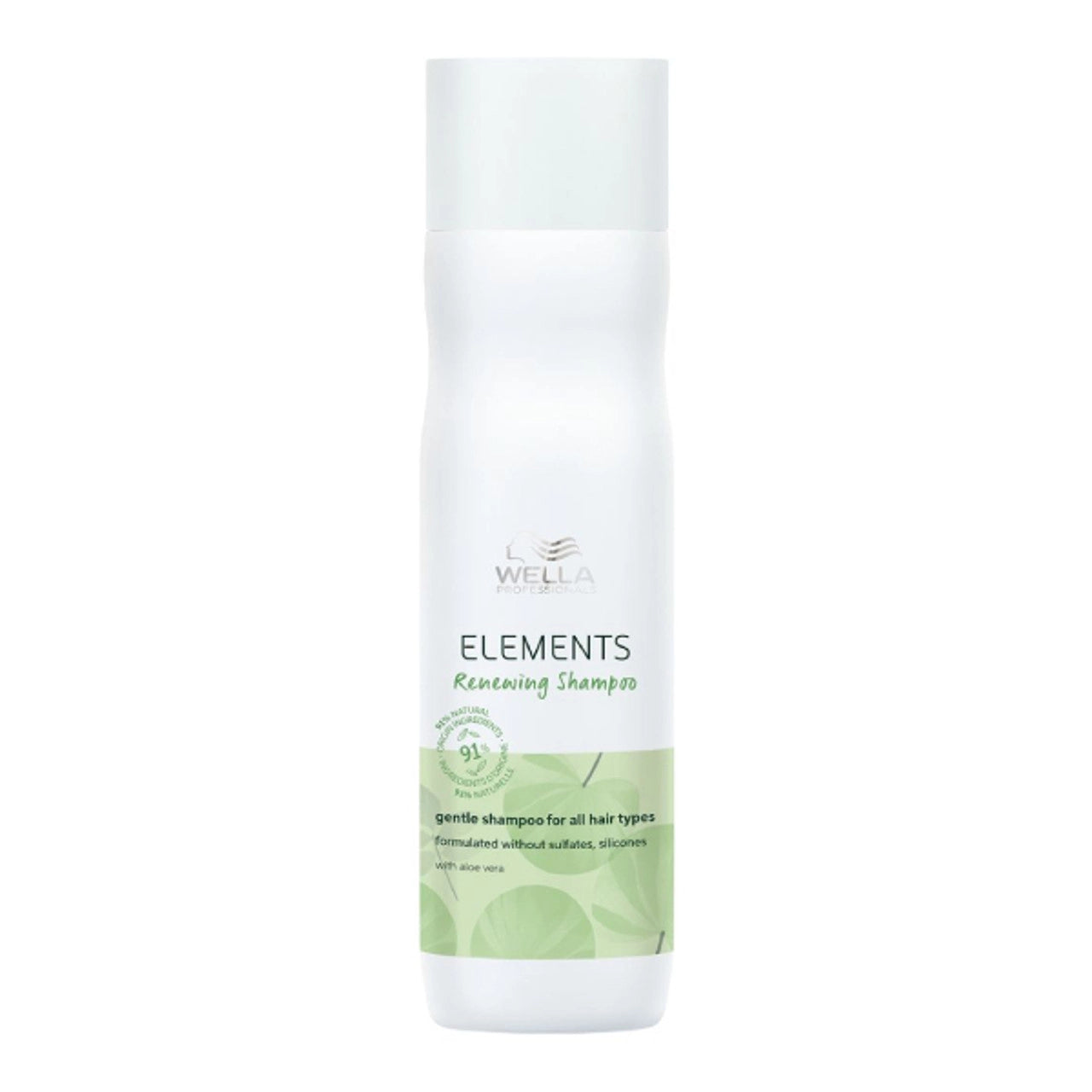 White shampoo bottle with Wella Elements Renewing Shampoo label and green leaf graphics