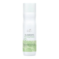 White shampoo bottle with Wella Elements Renewing Shampoo label and green leaf graphics