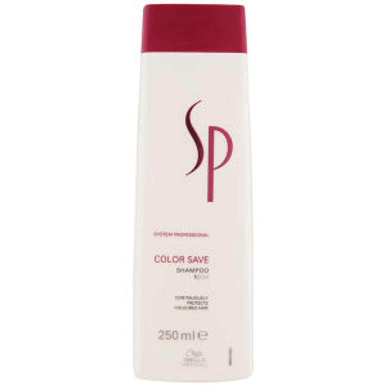 Wella Sp Color Save shampoo bottle, 250 ml, white with maroon cap
