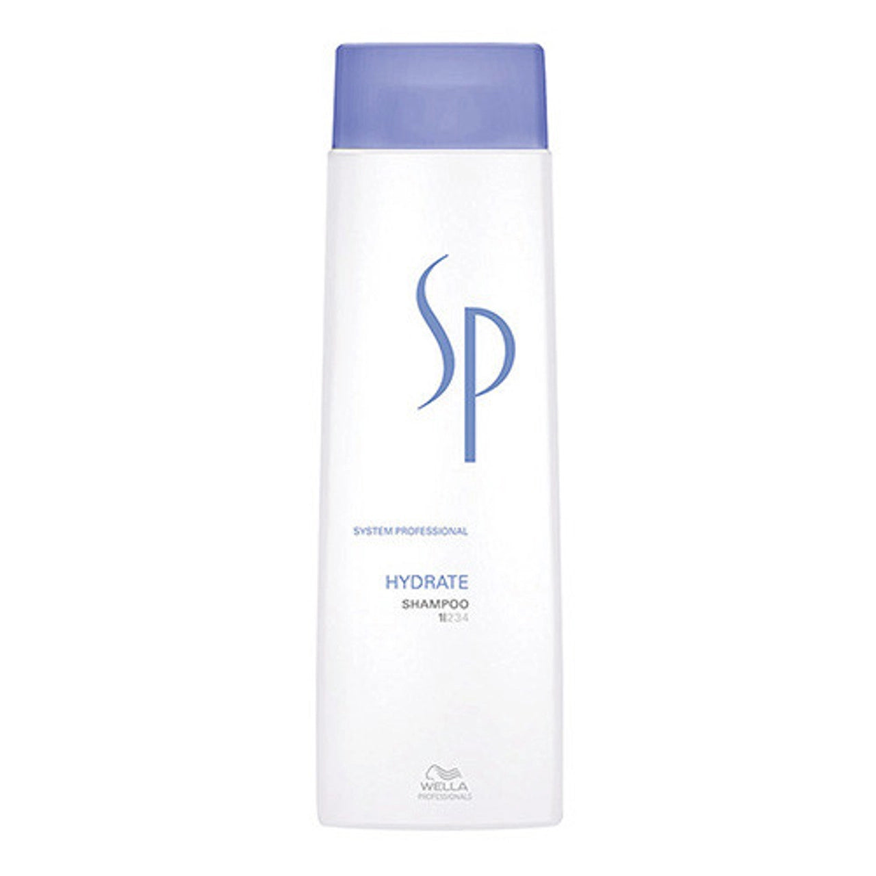 Shampoo bottle, white with blue cap, SP Hydrate Shampoo label