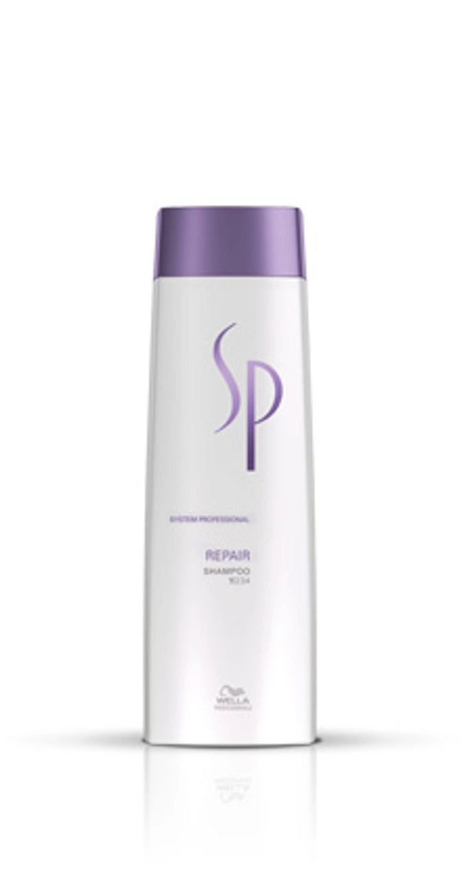 Shampoo bottle with purple cap and white body, Wella SP logo