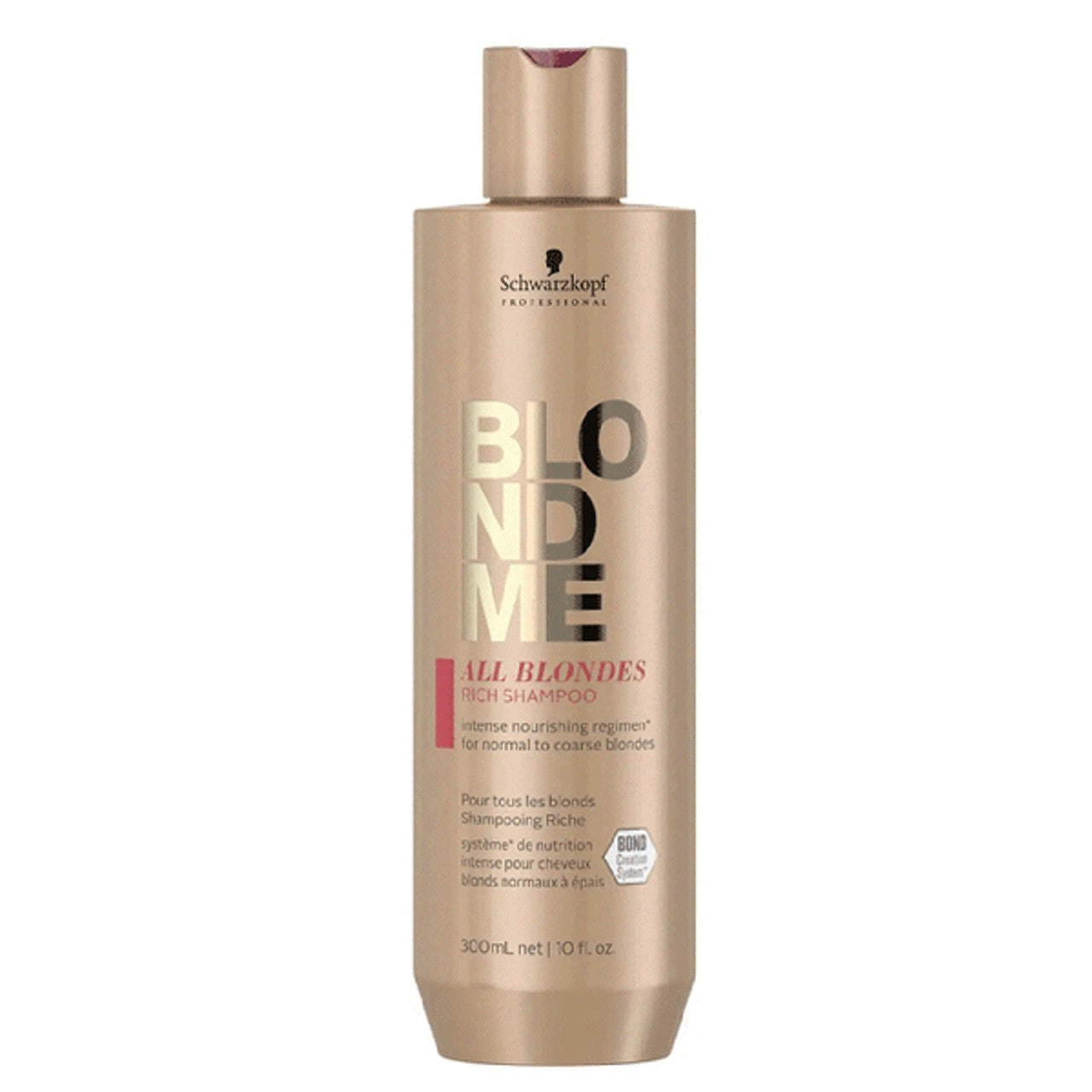 Schwarzkopf BlondMe shampoo bottle, golden beige with pump cap and "All blondes" label