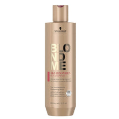 Schwarzkopf BlondMe shampoo bottle, golden beige with pump cap and "All blondes" label