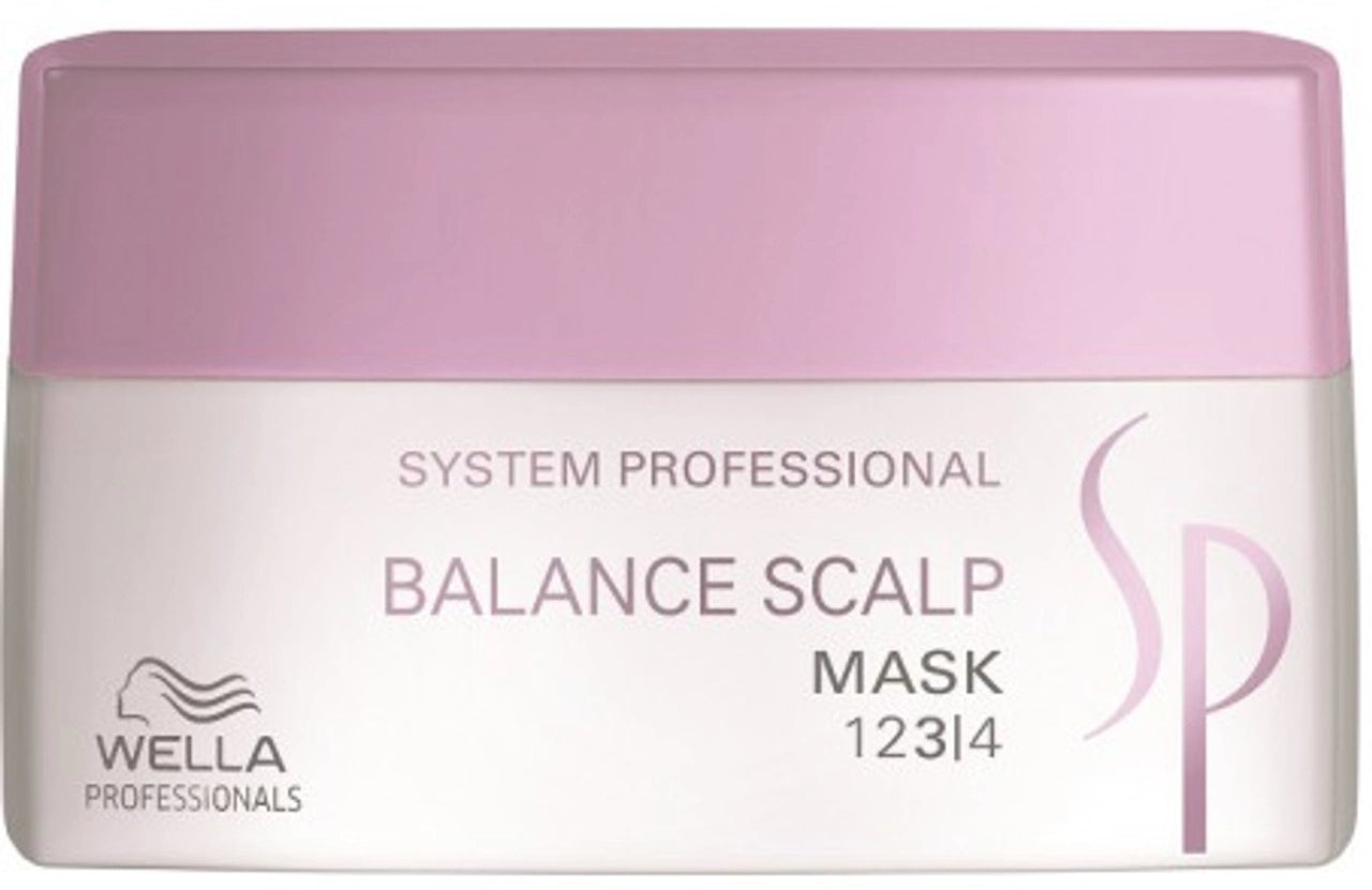 Wella SP Balance Scalp Mask container with pink lid, white base.