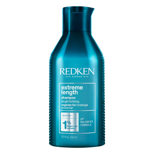 Teal Redken Extreme Length shampoo bottle, front label with ingredients and 300 ml