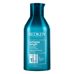 Teal Redken Extreme Length shampoo bottle, front label with ingredients and 300 ml