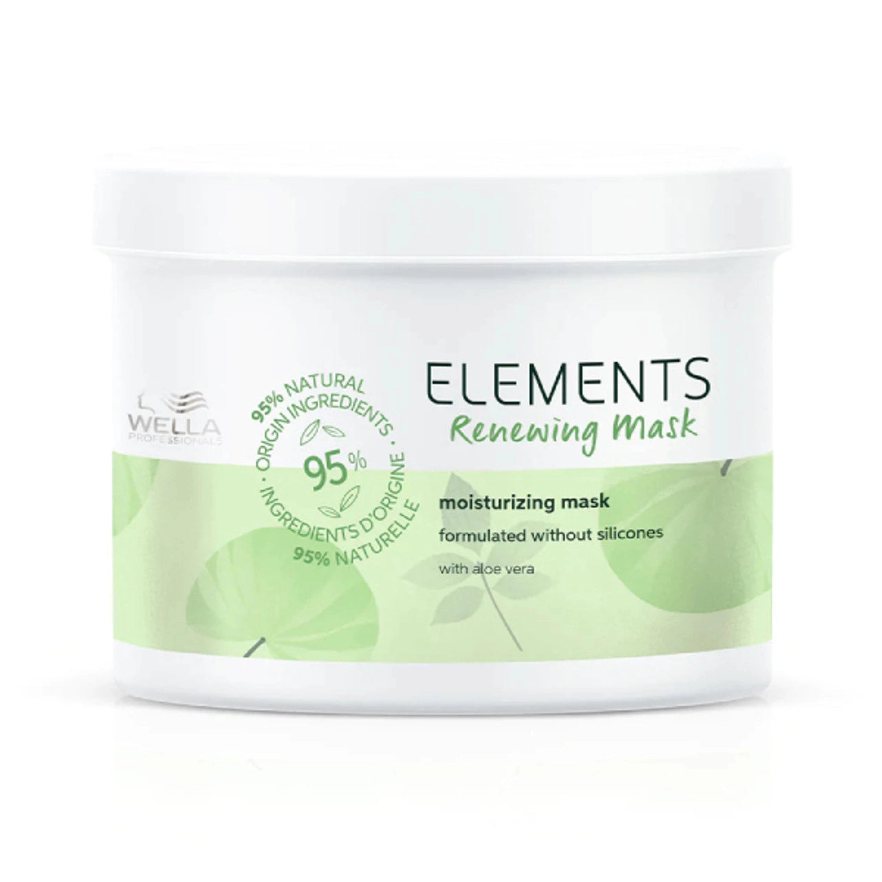 Wella Elements Renewing Mask jar, white tub with green label and lid