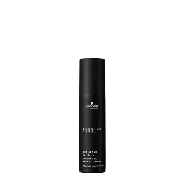 Schwarzkopf Session Label finishing oil bottle, black canister with white logo