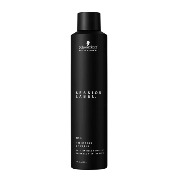 Schwarzkopf Session Label dry firm hold hairspray bottle, black canister
