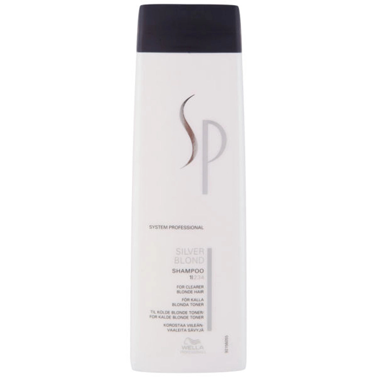 Wella SP Silver Blond Shampoo bottle, 250 ml, white with dark cap