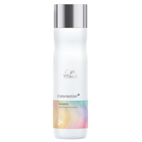 Wella ColorMotion shampoo bottle with silver cap, white label, 250 ml