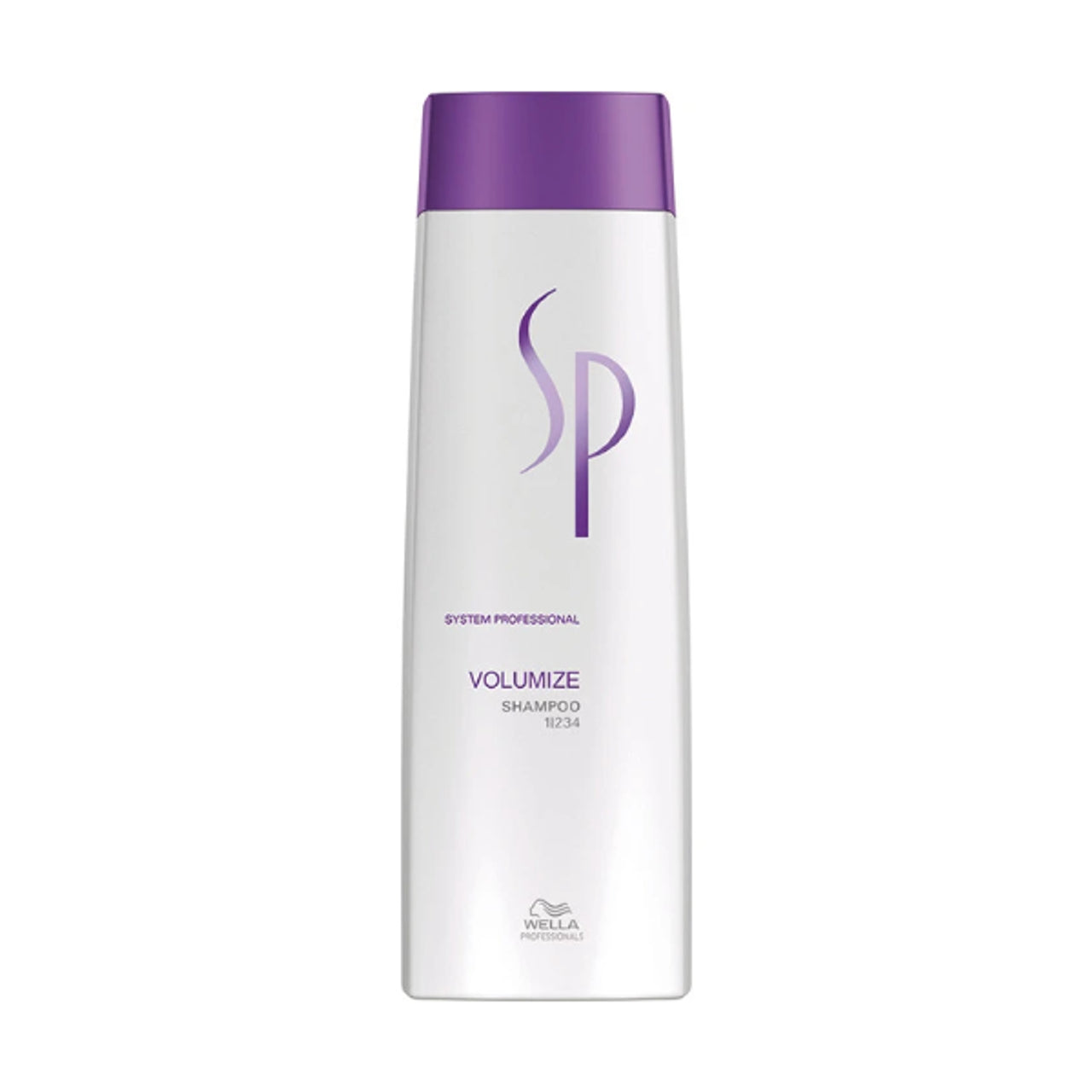 Wella SP Volumize shampoo bottle with purple cap and white label