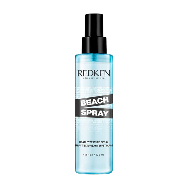 Redken Beach Spray hair spray bottle, 125 ml, clear blue liquid.