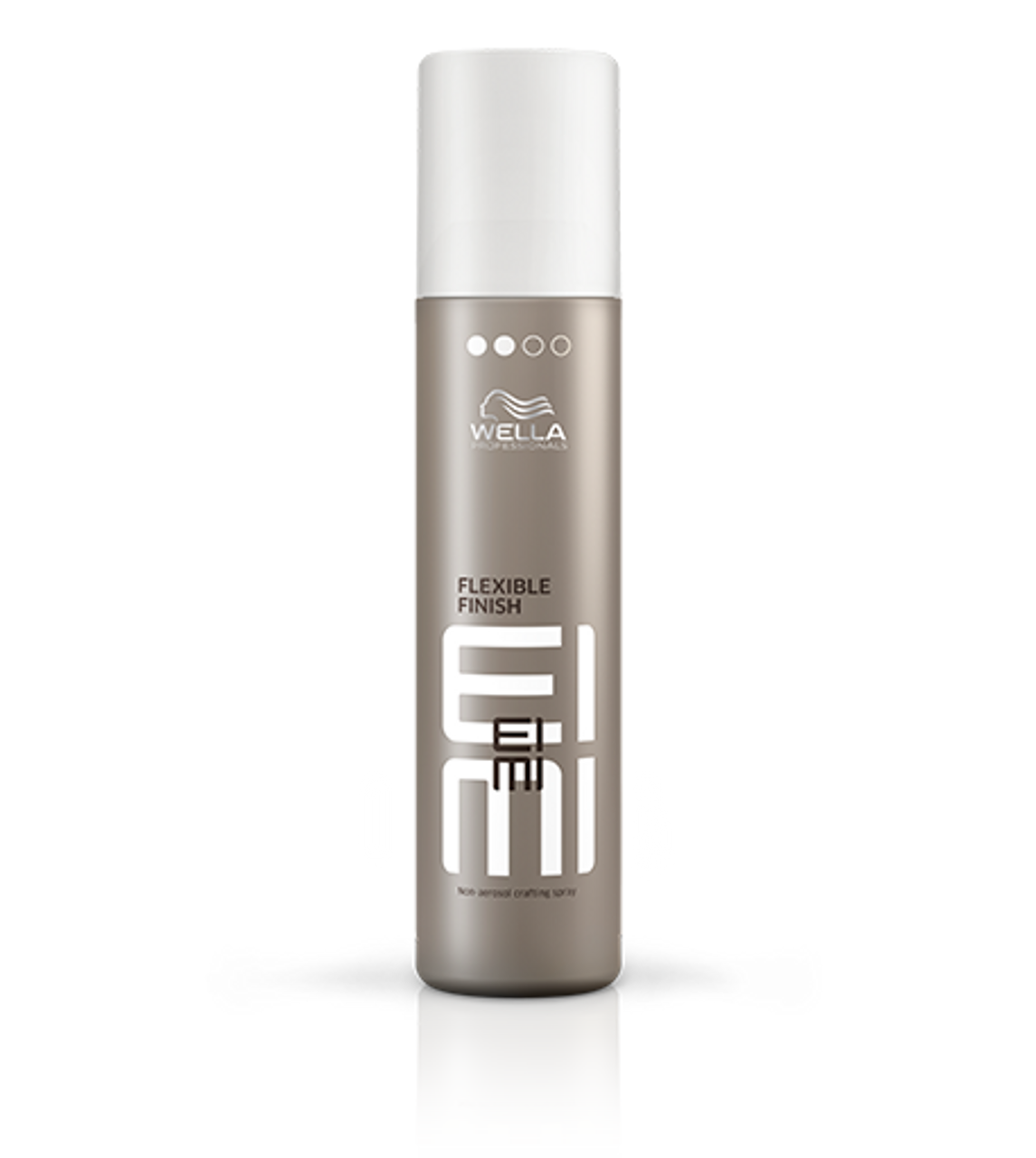 Wella EIMI Flexible Finish hair styling spray bottle, silver with white cap