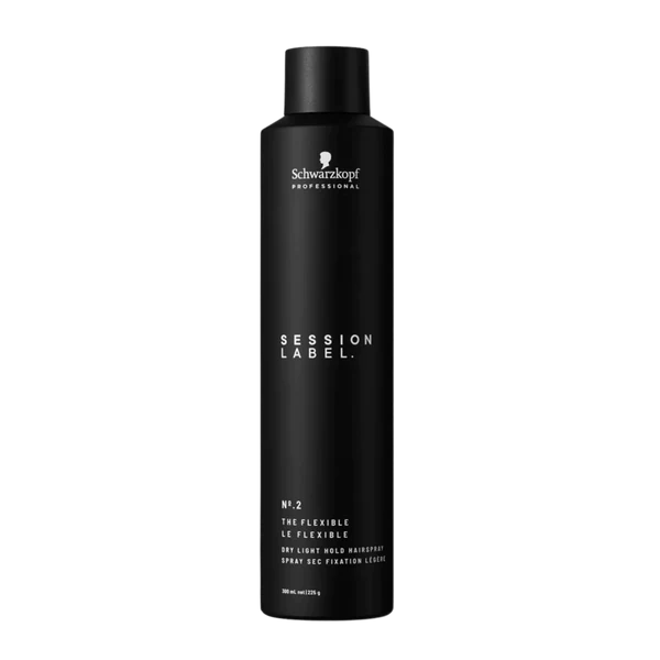 Schwarzkopf Session Label hairspray bottle with flexible dry light hold, dark finish