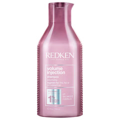 Redken Volume Injection shampoo bottle, pink plastic bottle with printed label