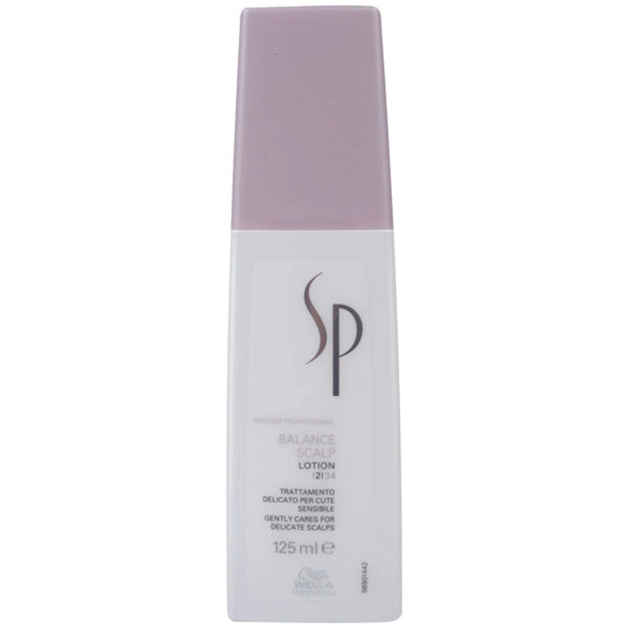 Wella SP Balance scalp lotion bottle, purple cap and white body, 125 ml