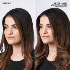 Hair styling photo showing dark hair with fuller volume after thickening spray