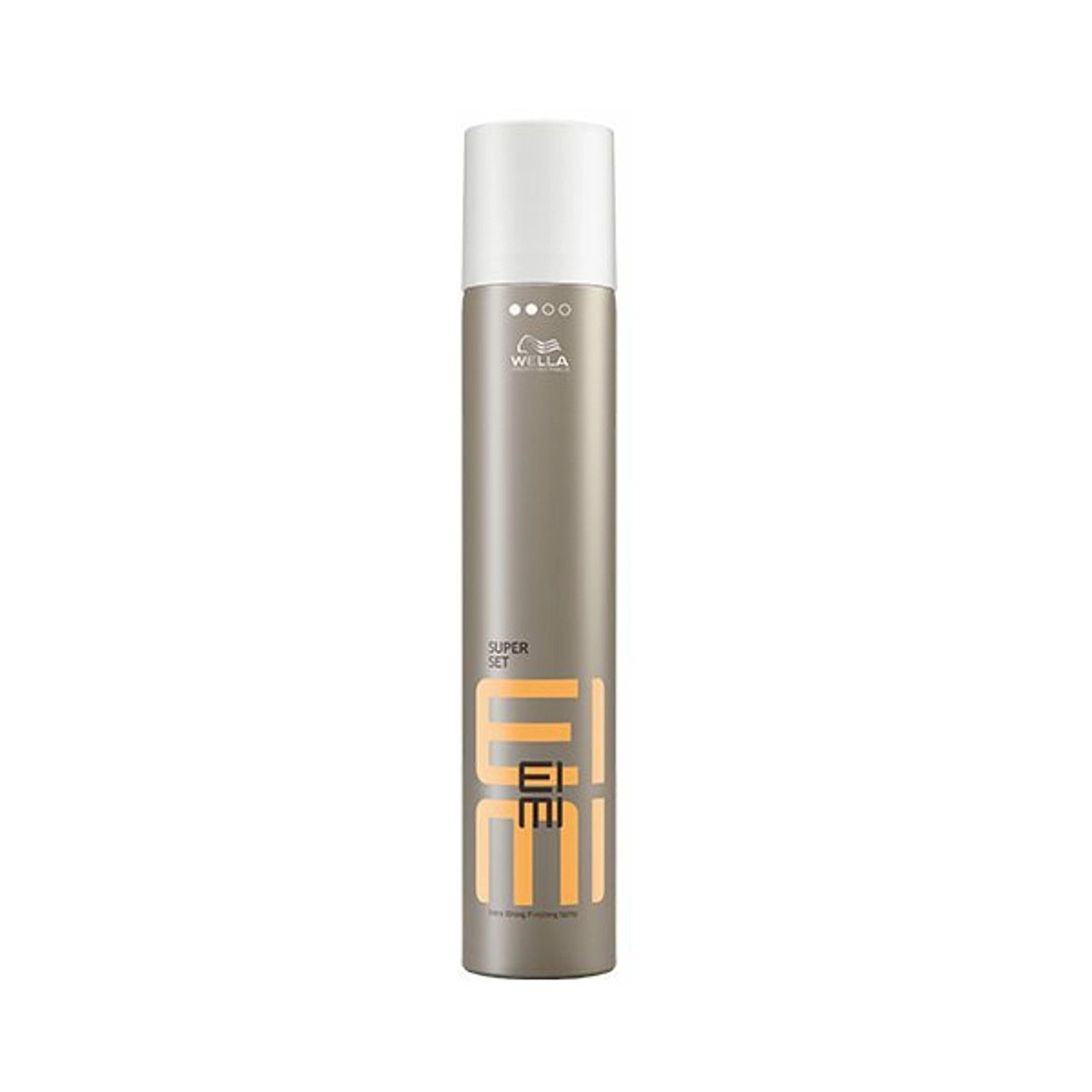 Wella Professionals EIMI Super Set hairspray aerosol can, silver body, vertical label.