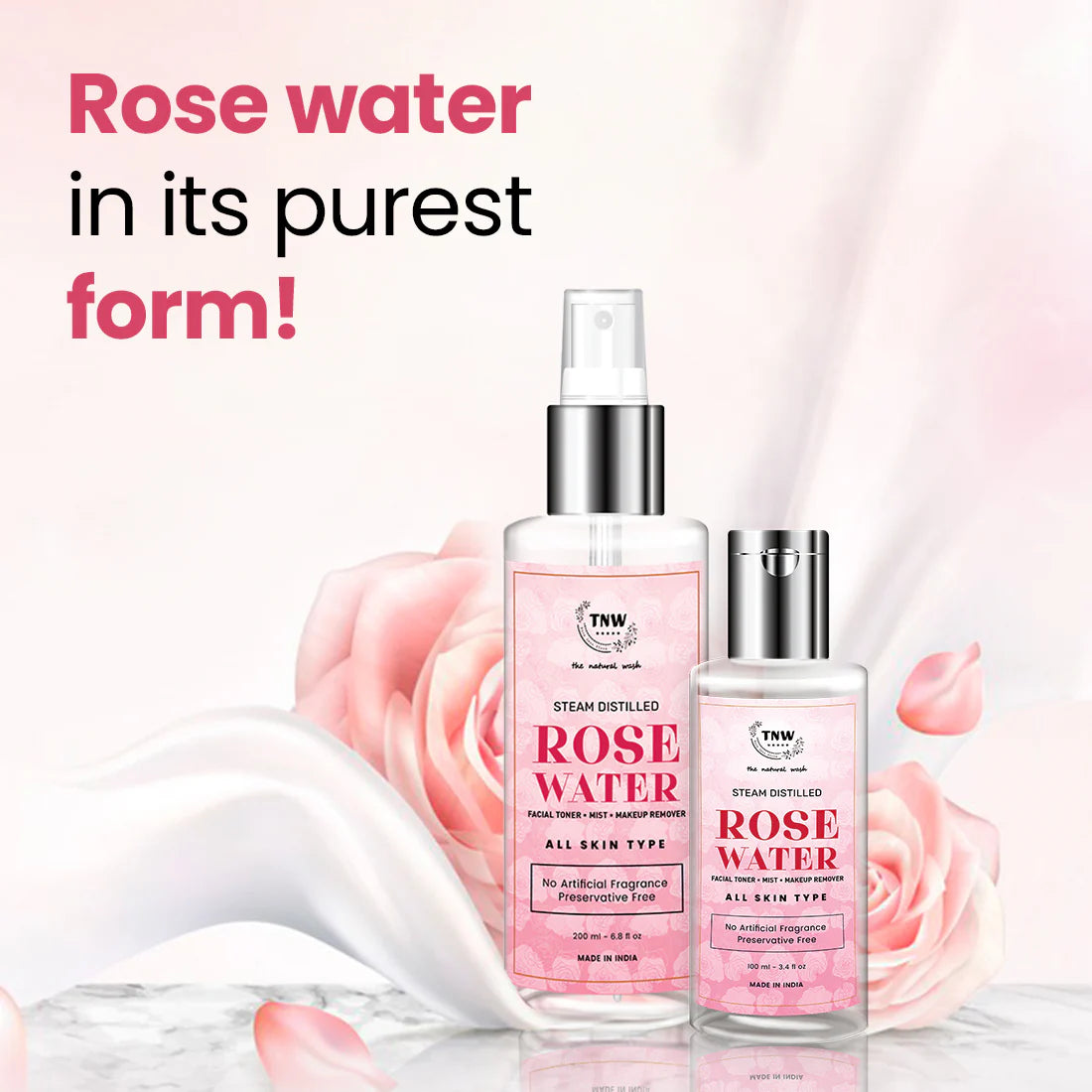 TNW - The Natural Wash 100% Steam Distilled Rose Water Face Toner Gulab Jal Hydration 200ml