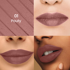 Rose-brown lipstick on lips, close-up swatches and applicator