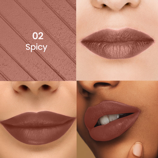 Liquid lipstick 02 Spicy swatches and matte nude-brown lip closeups