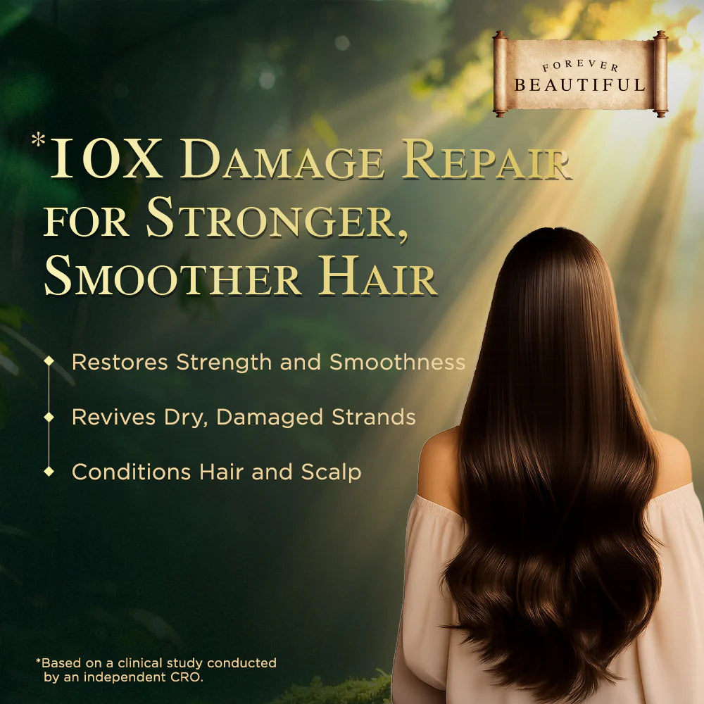 Repairing shampoo ad graphic with bottle and woman shown from behind, dark hair.
