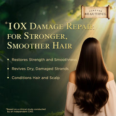 Repairing shampoo ad graphic with bottle and woman shown from behind, dark hair.