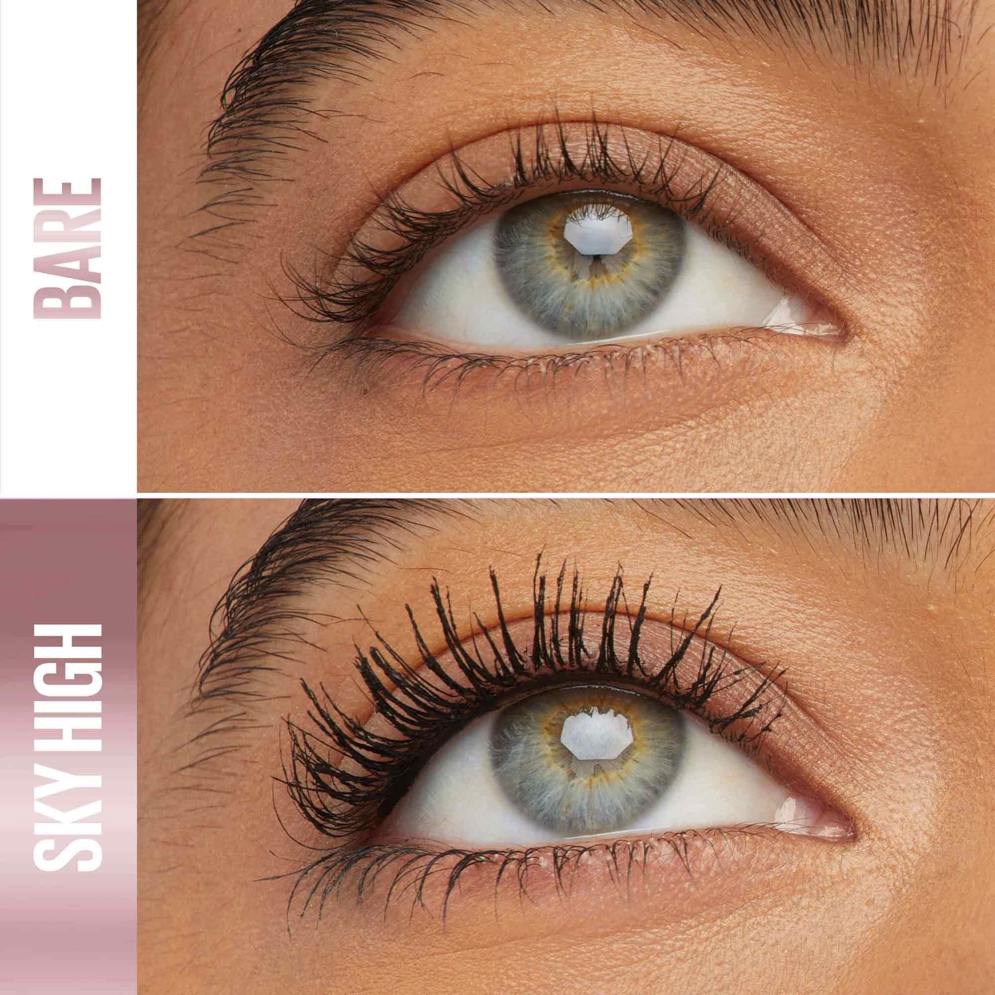 Close-up of eye with mascara-coated upper lashes